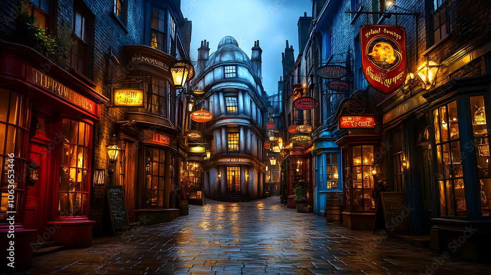 Fototapeta premium Cobblestone Street at Twilight with Shops and Streetlights - Realistic Image