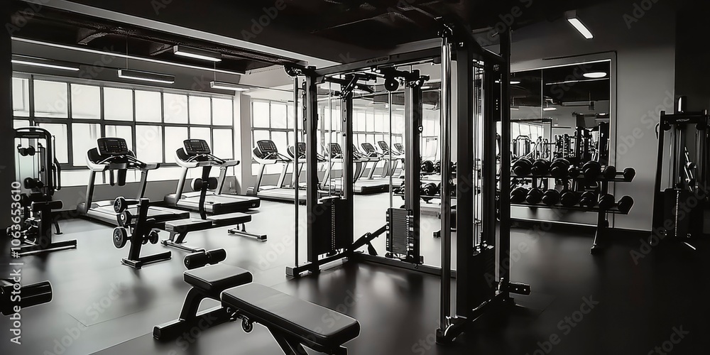 Fototapeta premium A Black and White Interior View of a Modern Gym with Treadmills and Weight Lifting Equipment