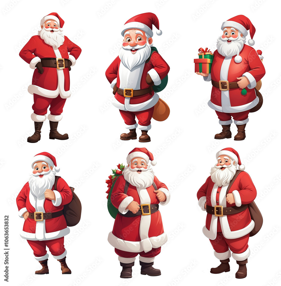Christmas Santa cartoon character. Funny Santa Claus with Xmas presents, winter holiday characters vector illustration set Christmas Santa cartoon character. Funny Santa Claus with Xmas presents, winter holiday characters vector illustration set