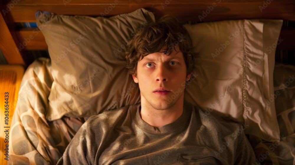 Man lying in bed with wide-open eyes, showing deep concern and fatigue, unable to sleep in dimly lit room with soft glow from nightstand lamp. Man lying in bed with wide-open eyes, showing deep concern and fatigue, unable to sleep in dimly lit room with soft glow from nightstand lamp.