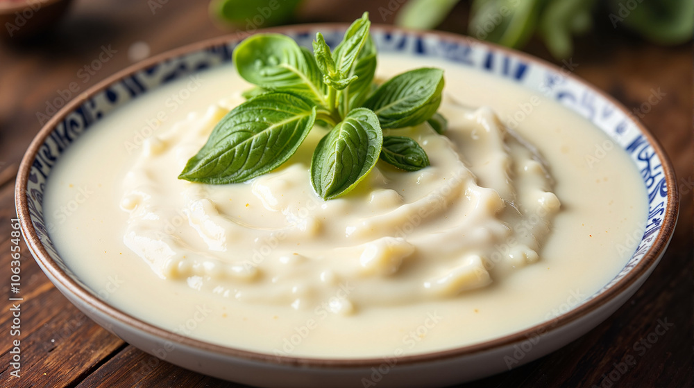 Bulgarian yogurt with fresh basil in decorative plate Bulgarian yogurt with fresh basil in decorative plate