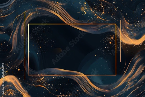 Black background with a golden, thin frame. Rectangular shape with curly edges and a patterned border. photo