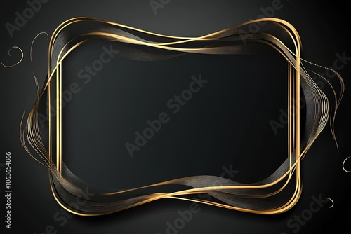 Black background with a golden, thin frame. Rectangular shape with curly edges and a patterned border. photo