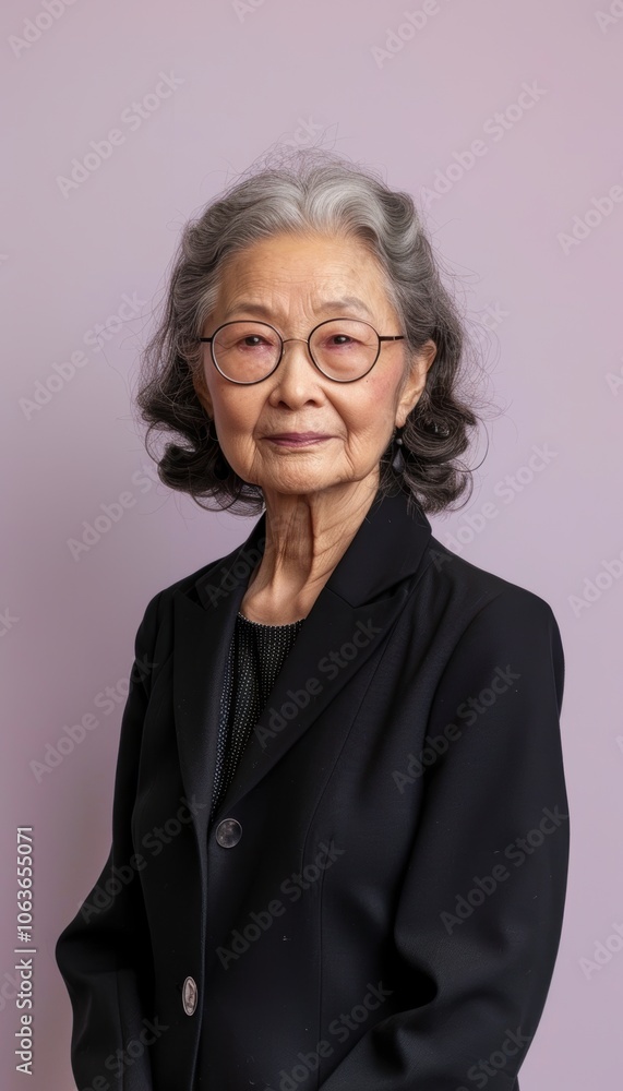 Professional Portrait of Senior Woman in Dark Blazer Against Soft Purple Background Professional Portrait of Senior Woman in Dark Blazer Against Soft Purple Background