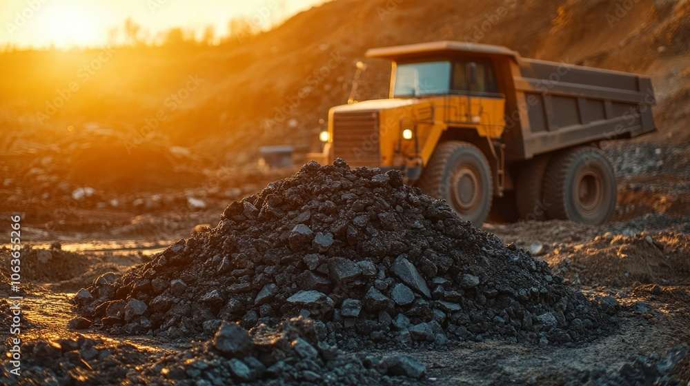 A Pile of Rocks in a Quarry with a Dump Truck in the Background A Pile of Rocks in a Quarry with a Dump Truck in the Background