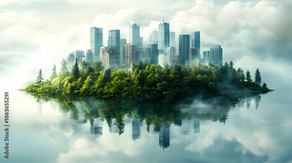 Obraz premium Cityscape Island with Foggy Reflection - 3D Illustration