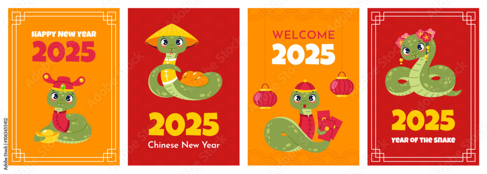 Cute snakes greeting cards. Happy 2025 new year celebration, funny animals, chinese horoscope traditional symbols, asian zodiac cartoon characters, festive posters. Vertical banners, vector set Cute snakes greeting cards. Happy 2025 new year celebration, funny animals, chinese horoscope traditional symbols, asian zodiac cartoon characters, festive posters. Vertical banners, vector set