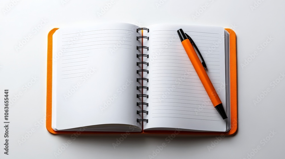 Orange Notebook and Pen: A simple, elegant and minimalist image of an open notebook with a pen lying beside it, perfect for evoking a sense of calm, focus, and productivity. Orange Notebook and Pen: A simple, elegant and minimalist image of an open notebook with a pen lying beside it, perfect for evoking a sense of calm, focus, and productivity.