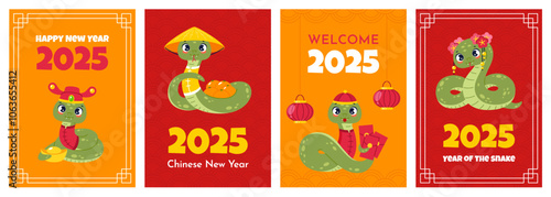 Cute snakes greeting cards. Happy 2025 new year celebration, funny animals, chinese horoscope traditional symbols, asian zodiac cartoon characters, festive posters. Vertical banners, vector set