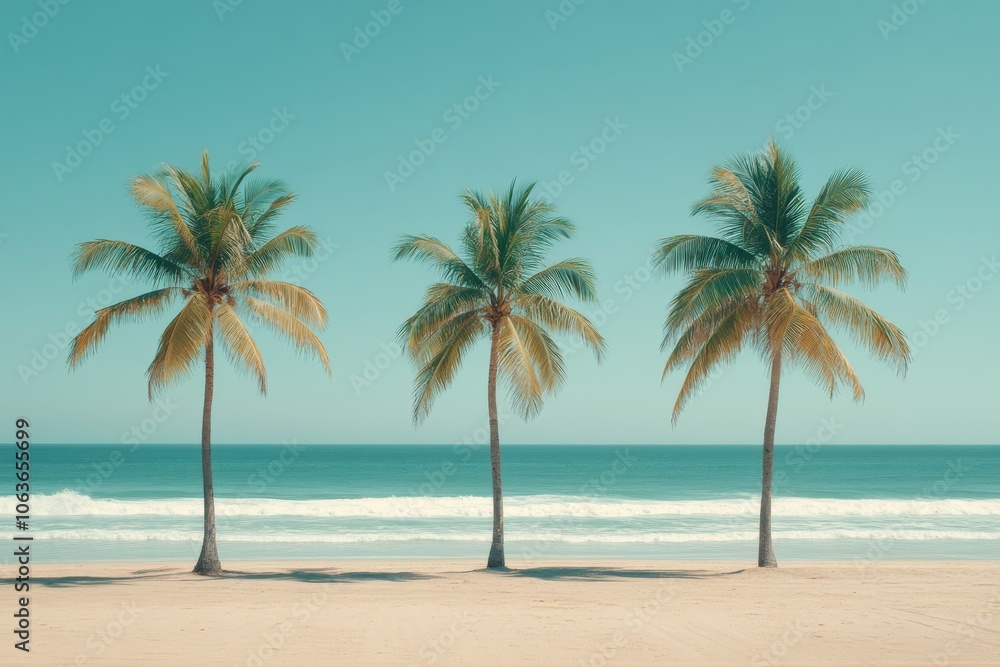 Obraz premium Palm Trees on Tropical Beach with Blue Sky and Ocean