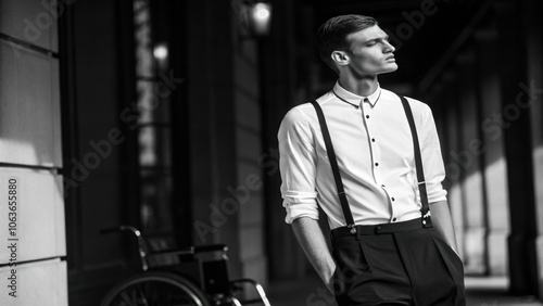 Elegant Man in Adaptive Fashion with Suspenders, Black and White Portrait photo