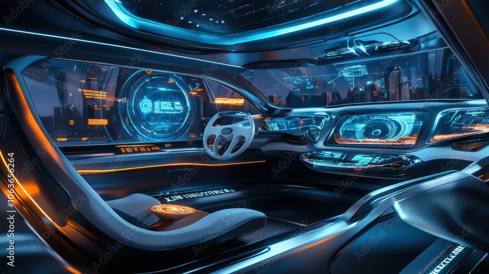 Futuristic car interior with city view. Futuristic car interior with city view.