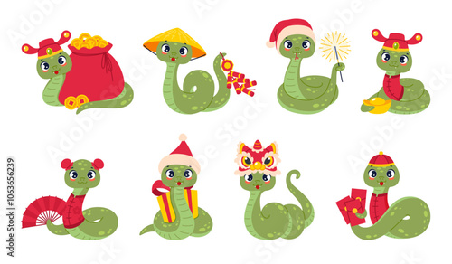Chinese zodiac snakes. New year celebration zodiac mascots, funny cartoon festive characters, 2025 holiday symbol, cute asian horoscope animals in traditional clothes, isolated vector set