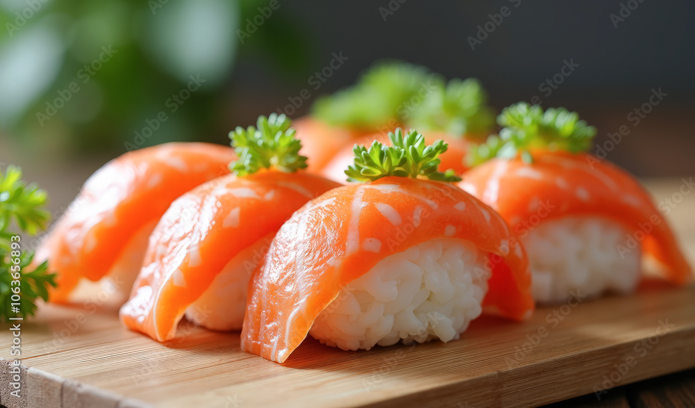 sushi rolls on a wooden tray close up
