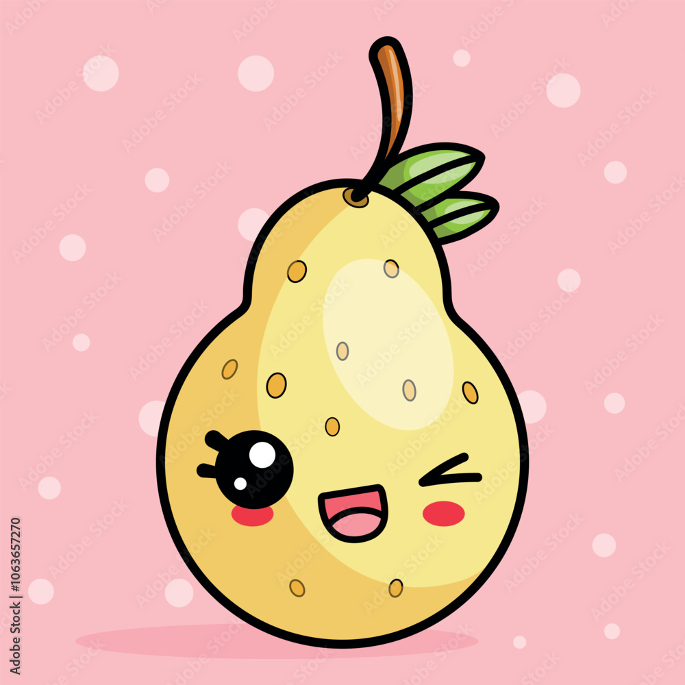 Obraz premium Funny pear character smiling and winking .Cute fruit vector illustration in kawaii style