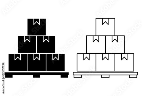 Black pile of stacked sealed goods cardboard boxes icon, generic concept flat design illustration, pictogram vector for app ads web banner button ui ux interface elements isolated on white background