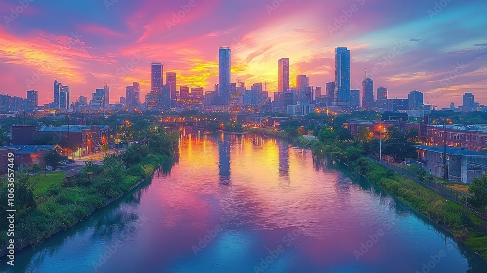 Urban skyline with tall buildings and colorful sunset hues filling the sky Urban skyline with tall buildings and colorful sunset hues filling the sky