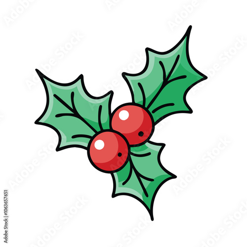 Christmas holly illustration with green leaves, Festive illustration of Christmas holly with green leaves and red berries, symbolizing holiday decoration, tradition, and seasonal cheer.