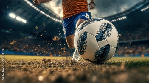 Close-up of a Soccer Ball Being Kicked with Dust Flying Upwards