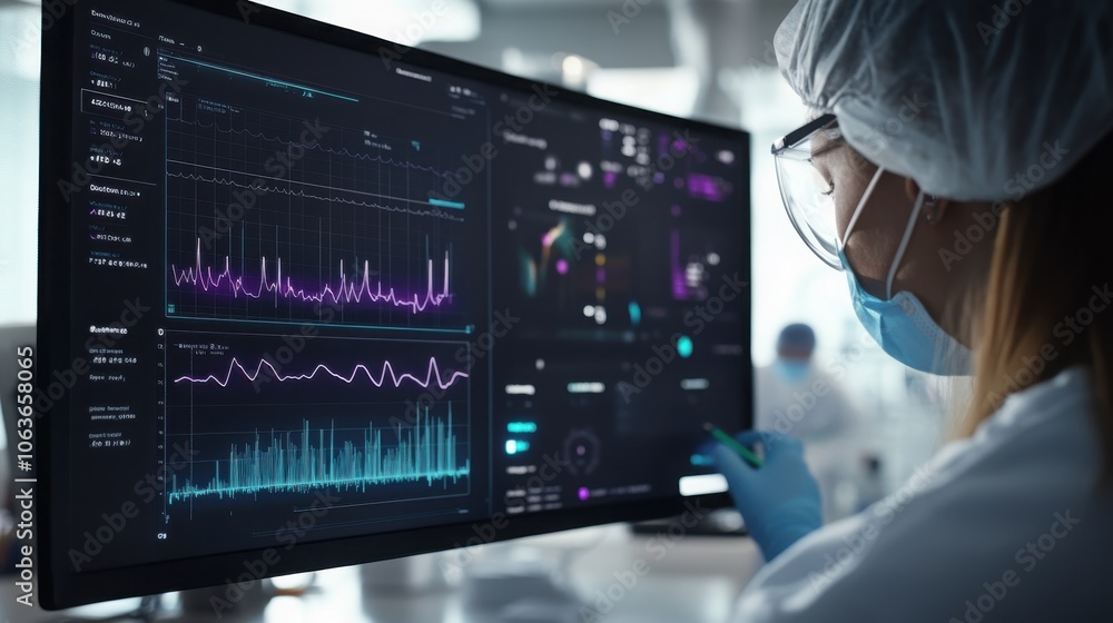 Close-up 3D render of infection risk graphs displayed on a futuristic monitor, with a healthcare worker in protective gear reviewing data in the background Close-up 3D render of infection risk graphs displayed on a futuristic monitor, with a healthcare worker in protective gear reviewing data in the background
