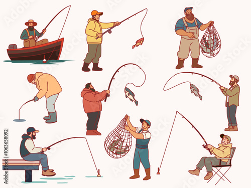 Cartoon people are fishing. Male fishermen characters with fishing rods and nets in boats on lake, winter and summer catching process, men hobby recreation, leisure time, vector isolated set