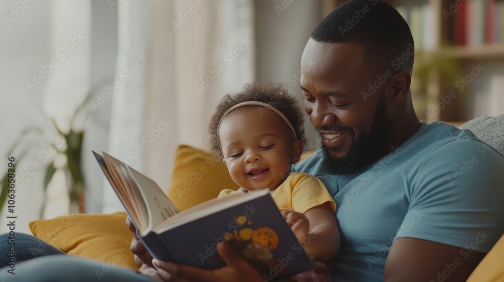 Happy father relax and read book with baby time together at home. parent sit on sofa with daughter and reading a story. learn development, childcare, laughing, education, storytelling, practice. Happy father relax and read book with baby time together at home. parent sit on sofa with daughter and reading a story. learn development, childcare, laughing, education, storytelling, practice.