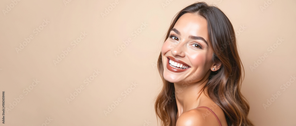 Portrait of a happy woman with brown hair and brown clothes laughing Portrait of a happy woman with brown hair and brown clothes laughing