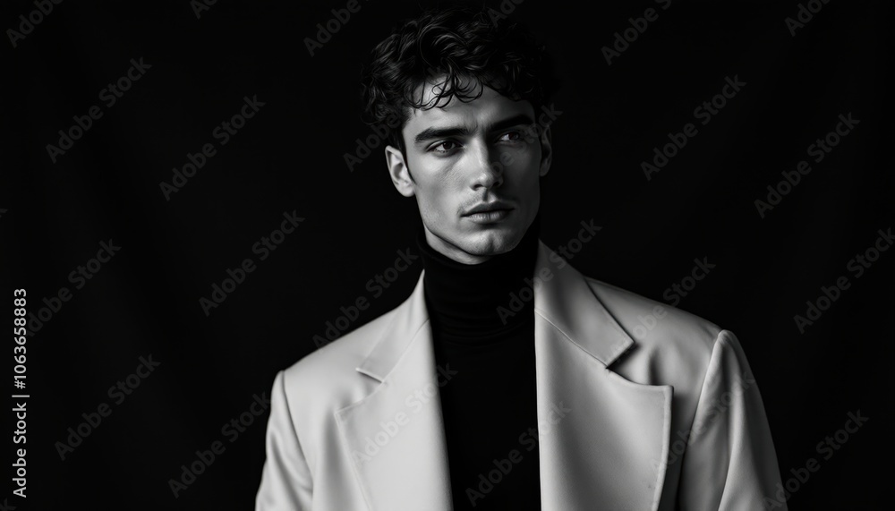 Fototapeta premium Stylish Man in Turtleneck and Coat, Black and White Portrait