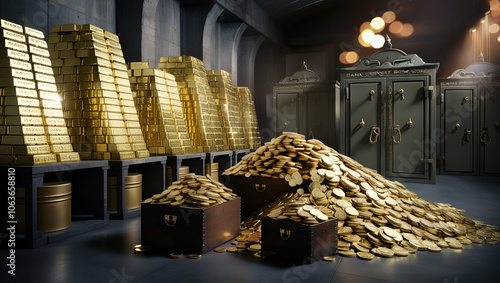 A dimly lit, cavernous bank vault with towering ceilings and concrete walls, filled with glittering gold bars stacked in neat rows on wooden pallets, accompanied by enormous heaps of shiny gold coins  photo