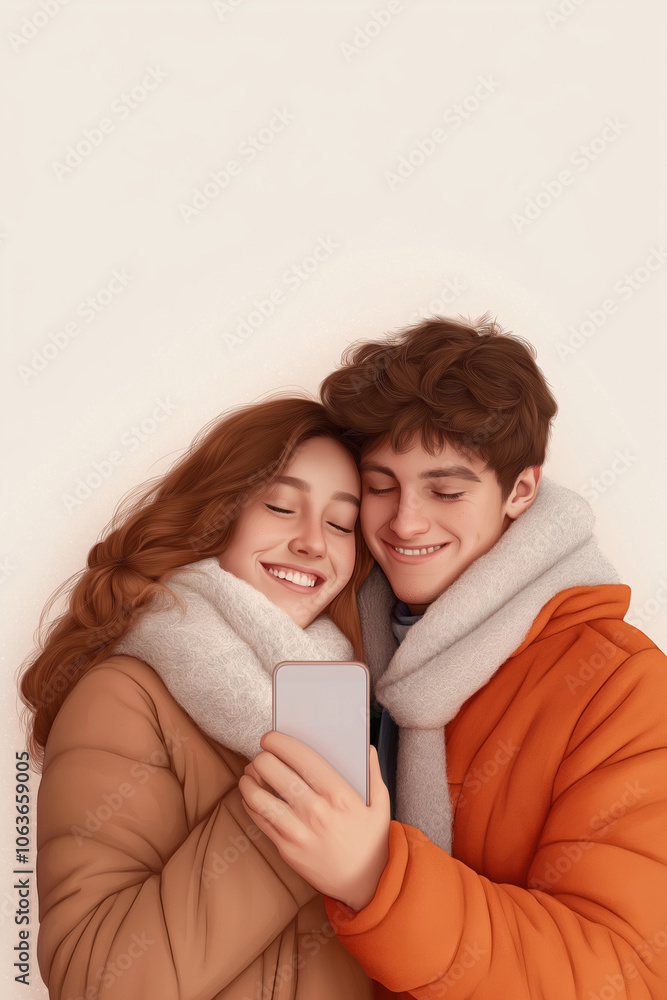 Fototapeta premium Happy couple bundled in warm clothing taking a selfie during a cozy indoor moment