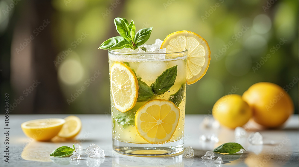 Fototapeta premium Lemon basil lemonade in glass with ice and fresh ingredients