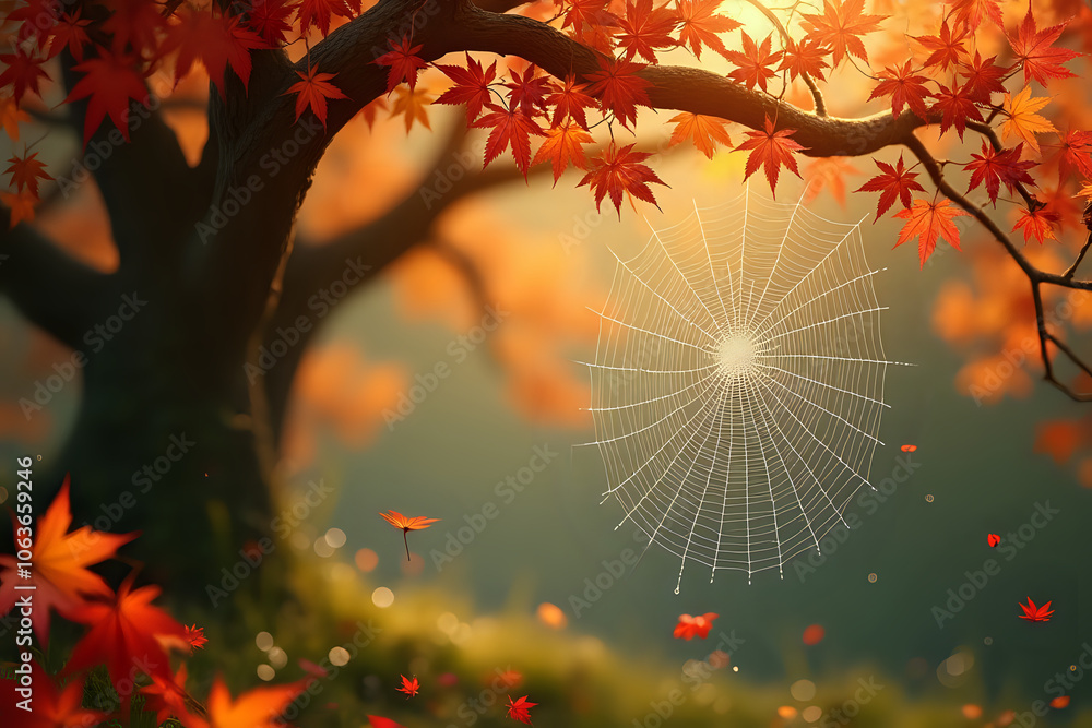 Mystical Spider Web Under Maple Tree With Scattered Fall Leaves Mystical Spider Web Under Maple Tree With Scattered Fall Leaves