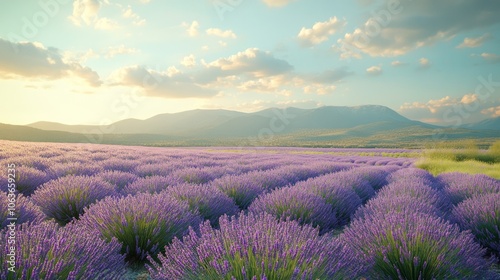 A vast field of lavender blossoms stretches out before a mountain range with a stunning sunset sky.