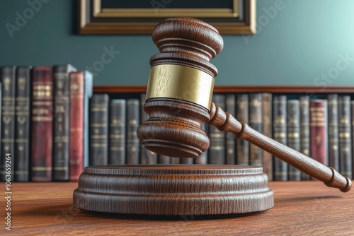 Wooden Gavel on a Wooden Table with Books in the Background photo