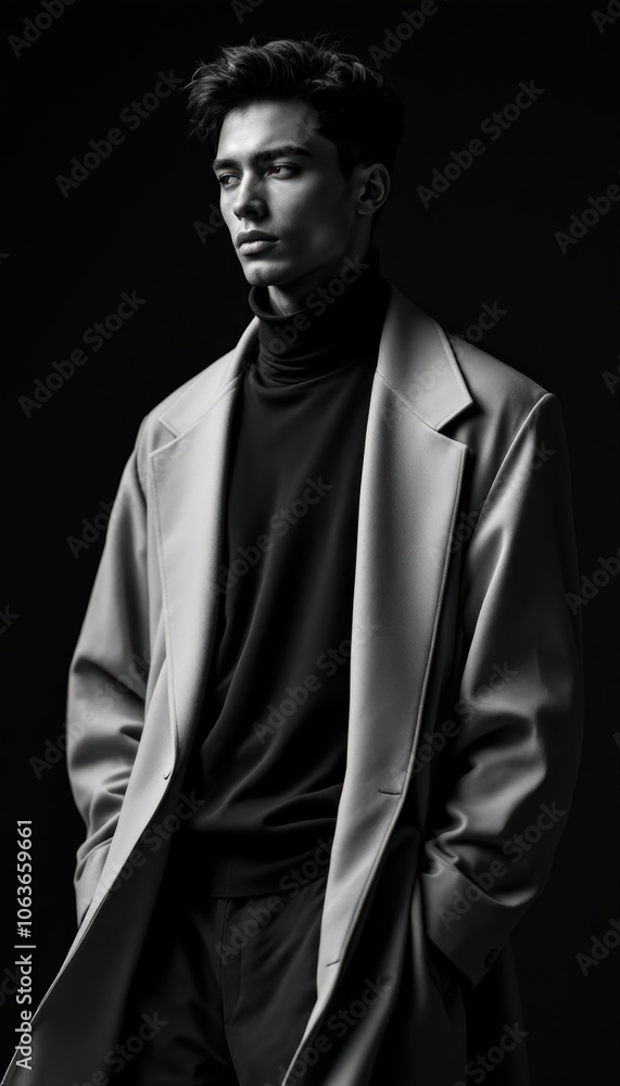 Stylish Man in Turtleneck and Coat, Black and White Portrait Stylish Man in Turtleneck and Coat, Black and White Portrait