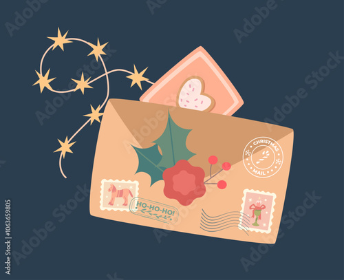 Christmas letter with wax seal and card, Merry Christmas greetings. Letter to Santa.