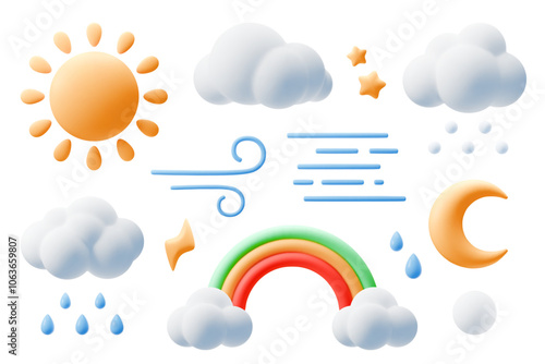 Cartoon 3d weather icons. Cute sun, moon and stars, clouds and rainbow in plasticine kids style. Crescent and wind symbol. Three dimensional clay shapes, forecast sign. Vector isolated set