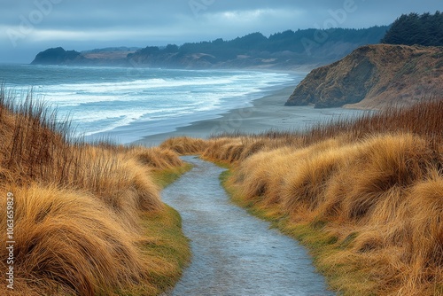 Coastal Path Through Golden Grass to Sandy Beach with Ocean Waves