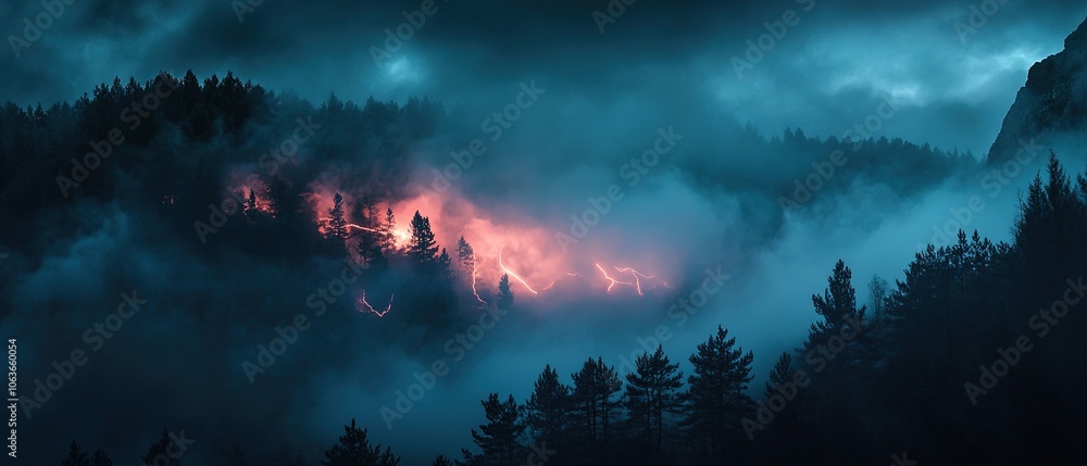 Dramatic lightning illuminates a misty mountain landscape during a stormy evening in a secluded wilderness area Dramatic lightning illuminates a misty mountain landscape during a stormy evening in a secluded wilderness area