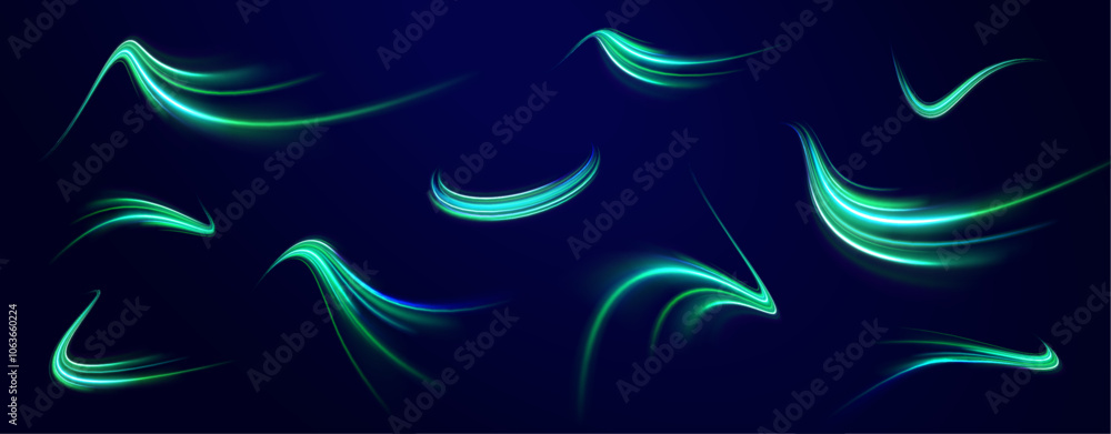 Glowing spark swirl trail tracing on dark blue background. Abstract light lines of movement and speed. Light line moving with speed. Glowing spark swirl trail tracing on dark blue background. Abstract light lines of movement and speed. Light line moving with speed.