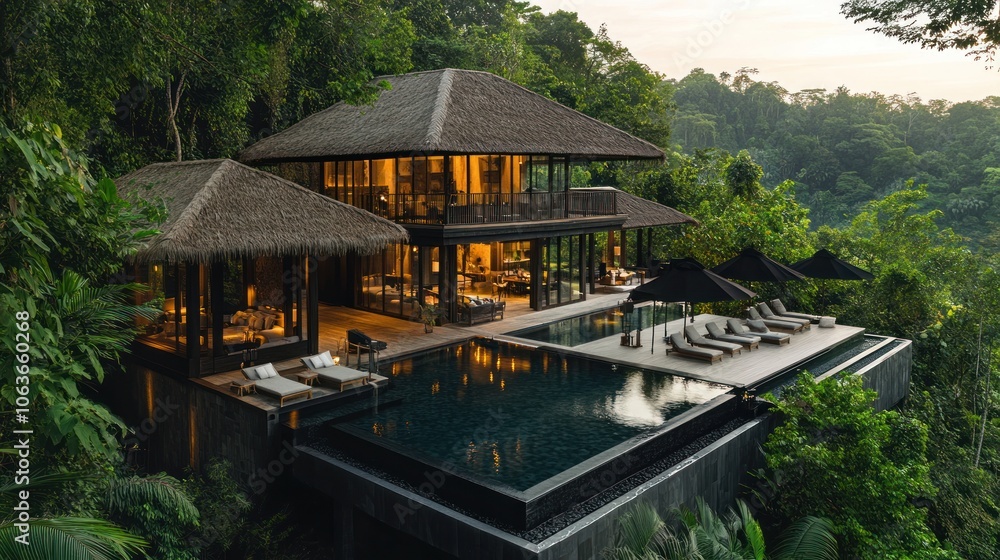 Naklejka premium A luxurious modern villa with a large infinity pool and thatched roof nestled in lush green tropical jungle at sunset.