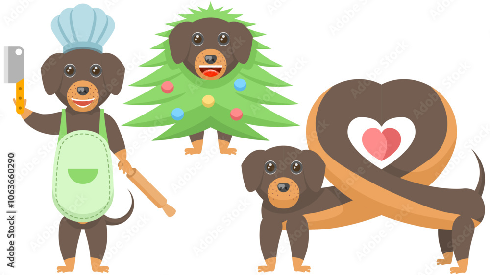 Naklejka premium Set Abstract Collection Flat Cartoon Different Animal Dachshunds Dogs In The Shape Of A Heart, Christmas Tree, Chef With A Rolling Pin Vector Design Style Elements Fauna Wildlife