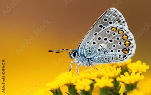 Wallpaper Mural A vibrant butterfly perched on a yellow flower, showcasing intricate wing patterns against a warm, softly blurred background. Torontodigital.ca