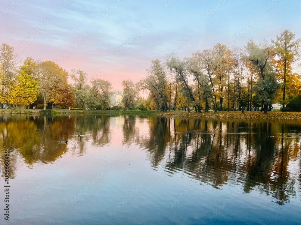 Beautiful tender twilights in the park, sky and trees reflection on the pond surface, evening lake in the park Beautiful tender twilights in the park, sky and trees reflection on the pond surface, evening lake in the park
