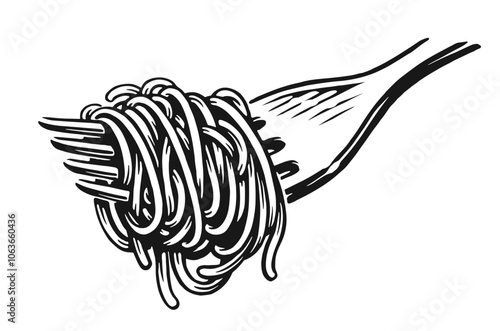 Spaghetti pasta on fork. Italian food, long noodles sketch drawing. Hand drawn vector illustration