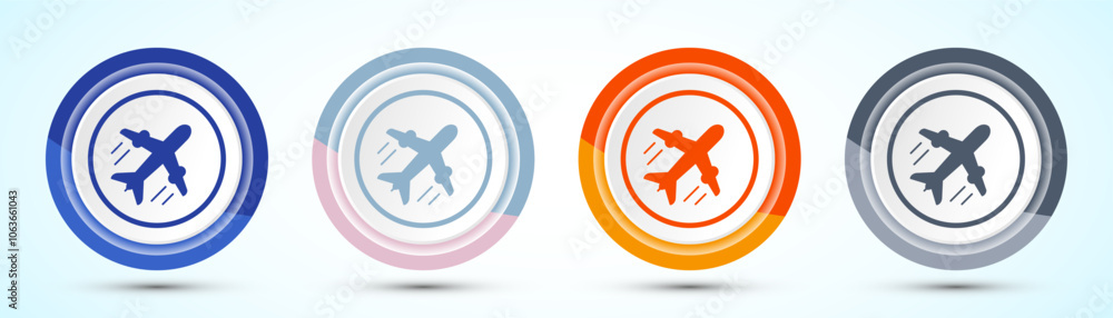 Airplane Icon Button Design Illustration. Flight Transport Sign. Travel, Holiday symbol, Four color button design set Airplane Icon Button Design Illustration. Flight Transport Sign. Travel, Holiday symbol, Four color button design set