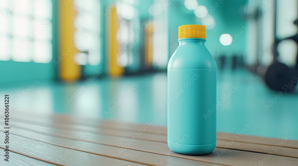 A vibrant turquoise water bottle stands on a wooden floor in a spacious gym, showcasing a bright yellow cap and a clean, modern environment. A vibrant turquoise water bottle stands on a wooden floor in a spacious gym, showcasing a bright yellow cap and a clean, modern environment.