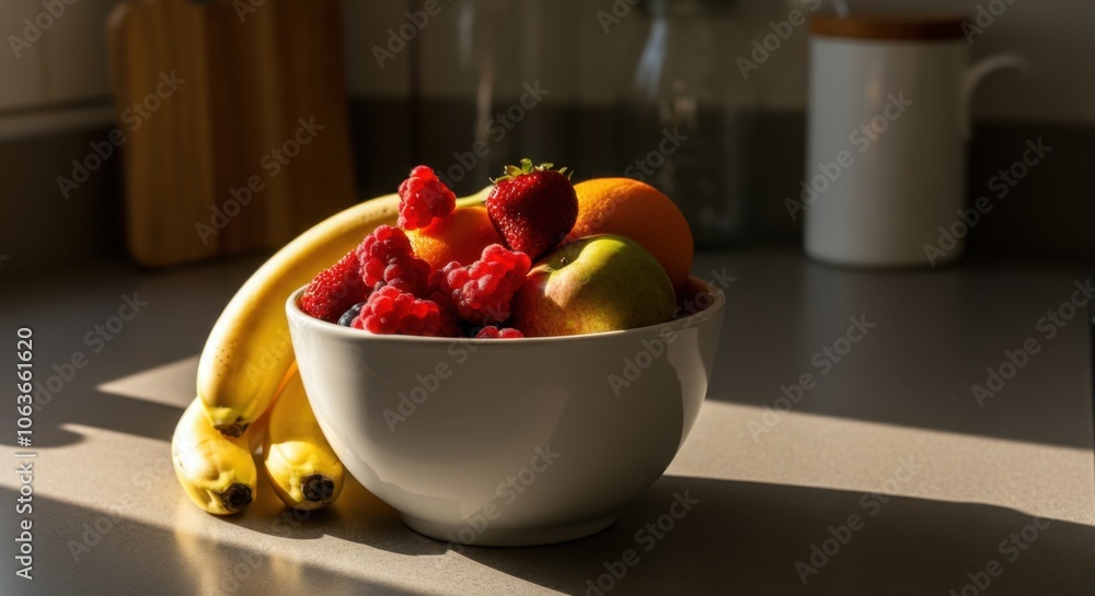 Morning sunlight casting shadows on bowl of fresh fruit Morning sunlight casting shadows on bowl of fresh fruit