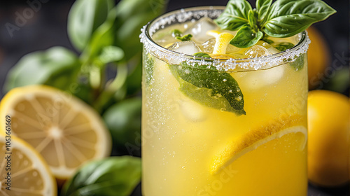 Lemon basil lemonade in glass with sugar rim