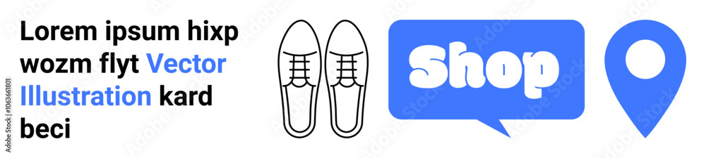 Two outlined shoes, blue shop text, and a location marker highlight e-commerce, retail, and navigation. Ideal for online stores, retail apps, fashion websites, marketing, and local shopping. Banner Two outlined shoes, blue shop text, and a location marker highlight e-commerce, retail, and navigation. Ideal for online stores, retail apps, fashion websites, marketing, and local shopping. Banner